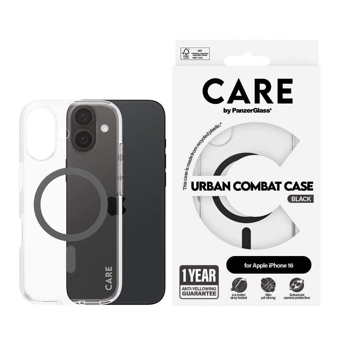 CARE by PanzerGlass® Urban Combat Case Transparent m. Sort MagSafe iPhone 16